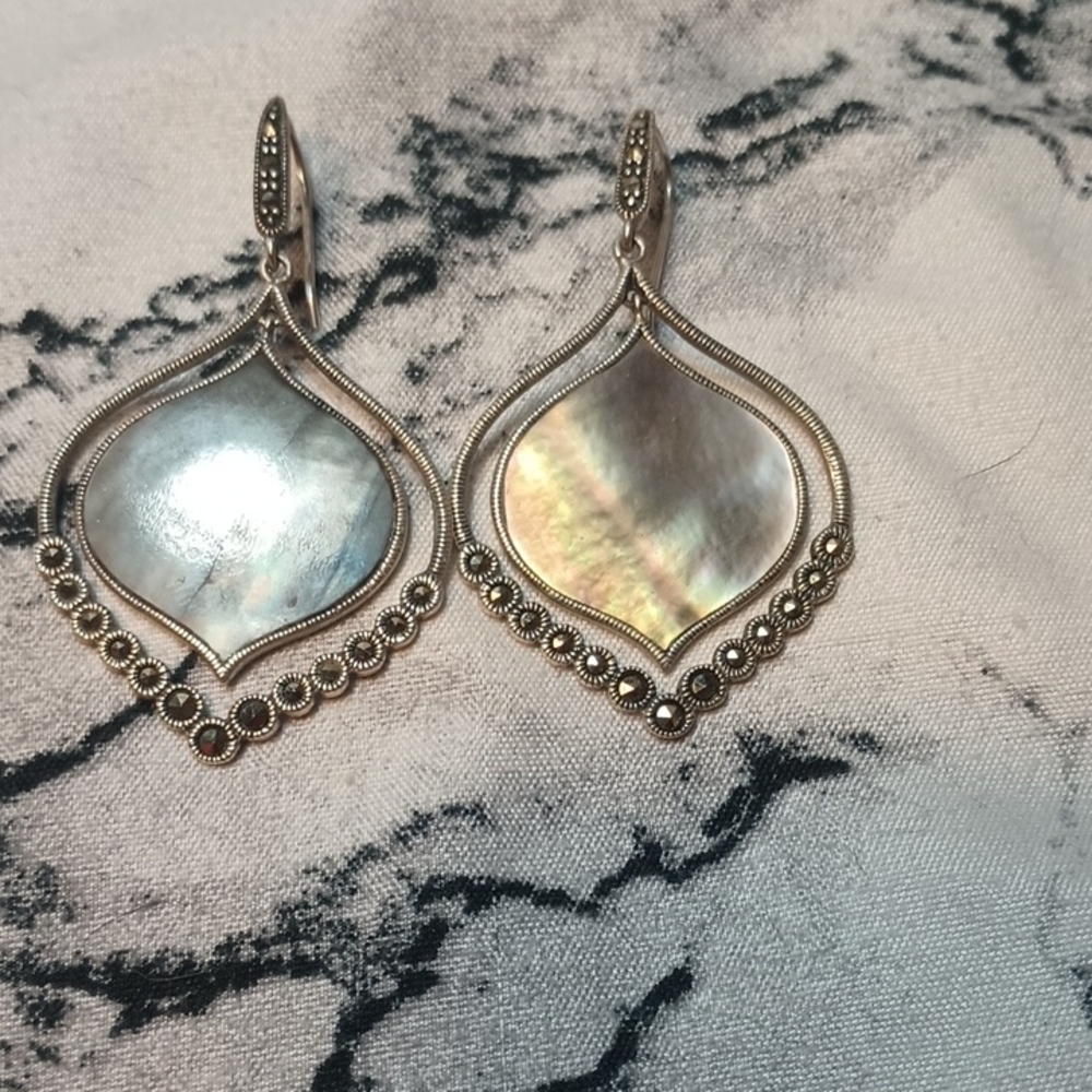 Sterling Silver, Mother Of Pearl And Marcasite Drop Earrings
